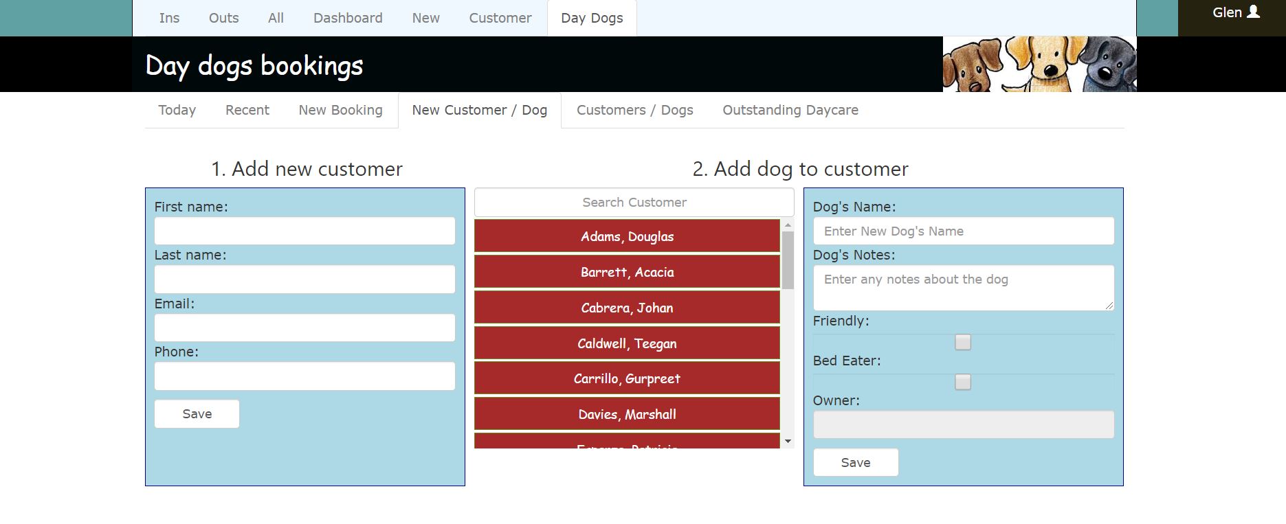 A page where we can add a customer and a daycare dog